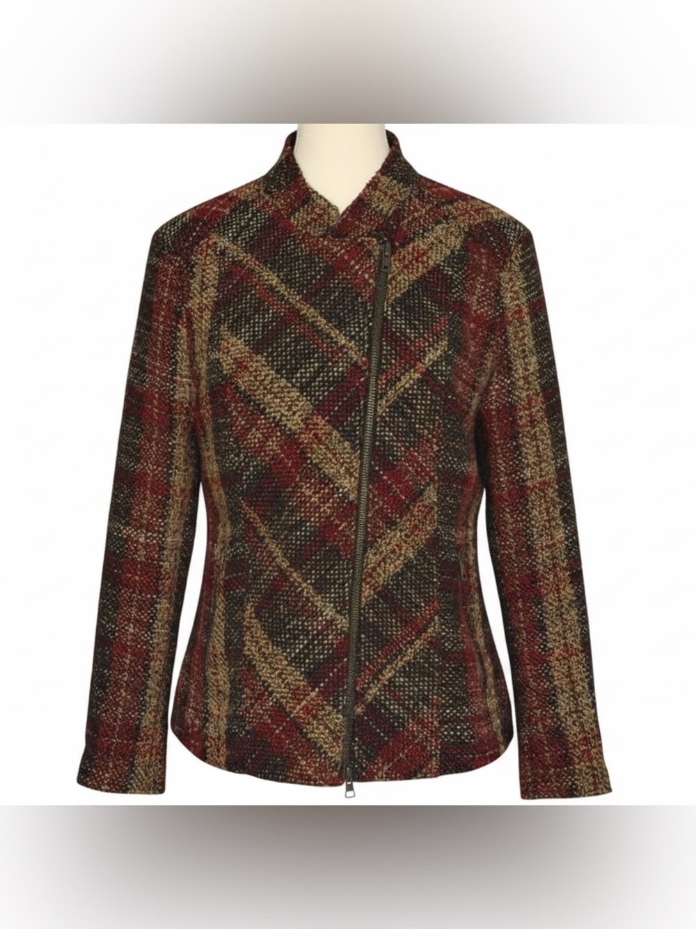 Olsen Europe Wool Blend Plaid Blazer Red Brown Size 14 Tailored Preppy